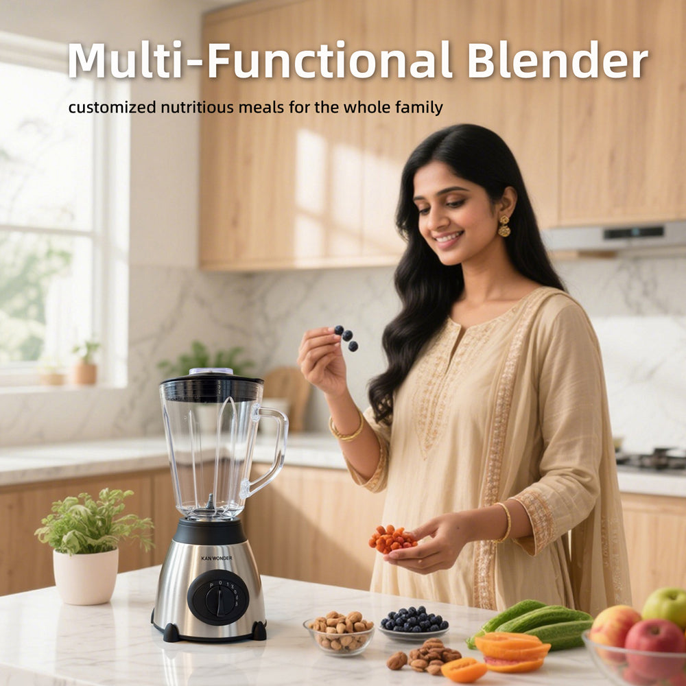 1.5L Multi-Functional Blender with 5 Adjustable Speeds, High-Power Motor, and Stainless Steel Base for Juicing, Ice Crushing, and More