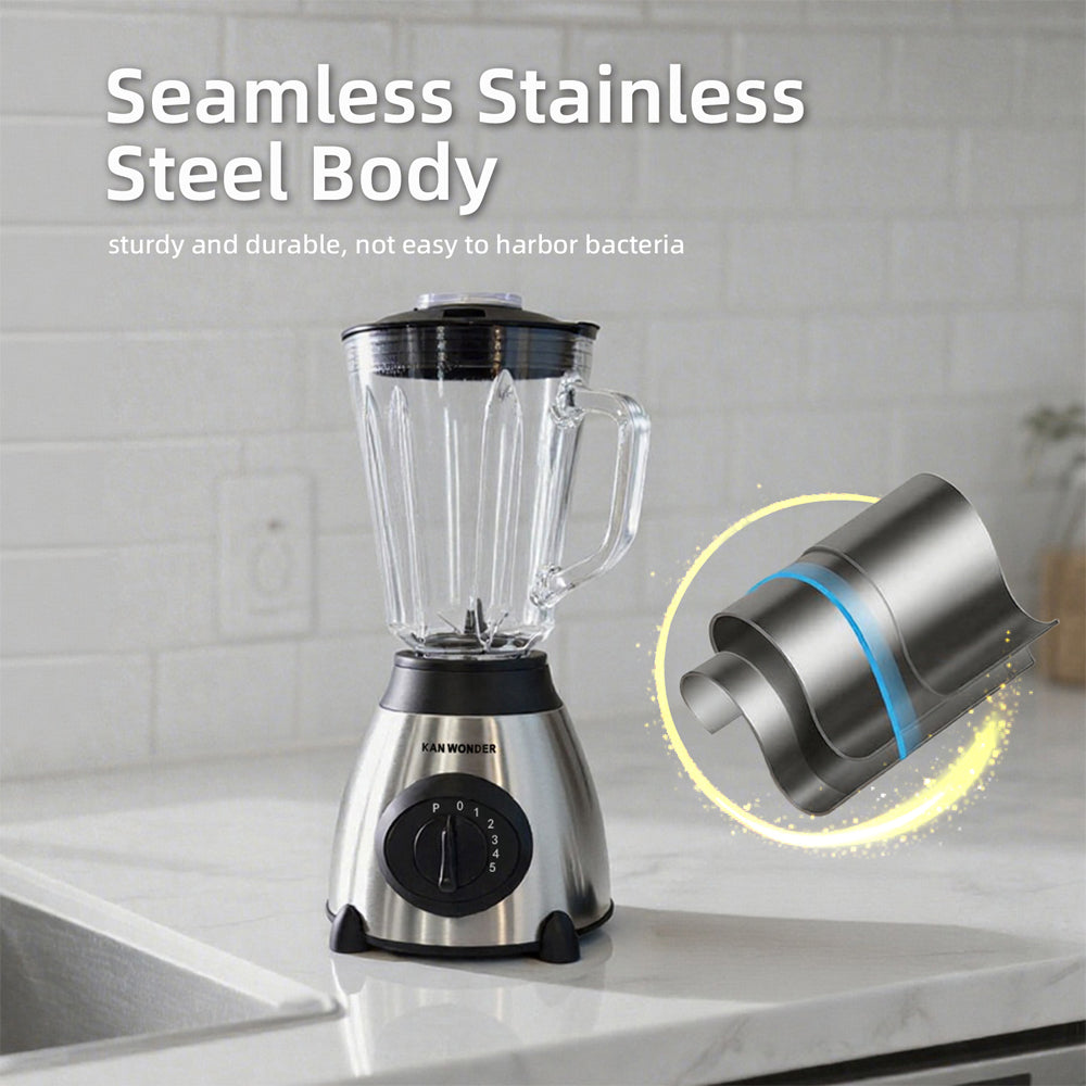 1.5L Multi-Functional Blender with 5 Adjustable Speeds, High-Power Motor, and Stainless Steel Base for Juicing, Ice Crushing, and More