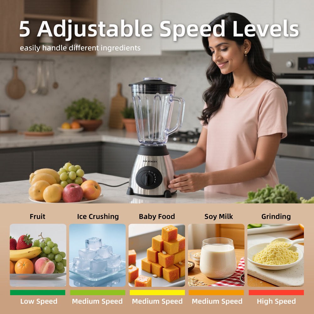 1.5L Multi-Functional Blender with 5 Adjustable Speeds, High-Power Motor, and Stainless Steel Base for Juicing, Ice Crushing, and More