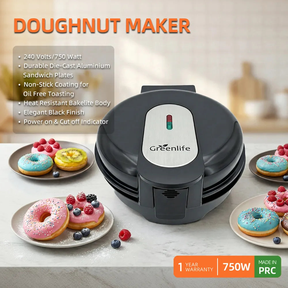 Greenlife Doughnut Maker Durable Aluminium Sandwich Plates Non-Stick Coating Oil Free Heat Resistant Low fat