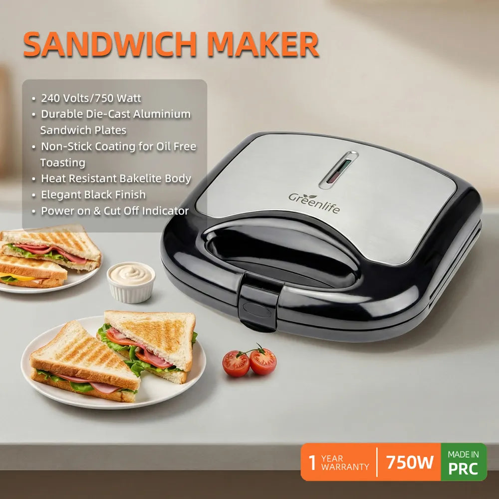 Greenlife Sandwich Maker Toaster Non-Stick plates Oil Free Toasting low fat durable