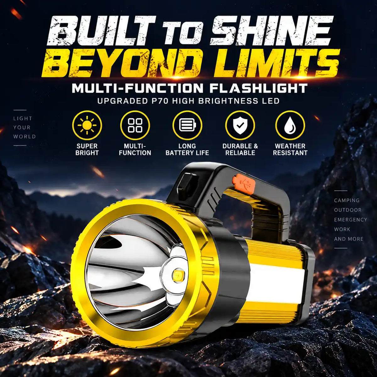 Rechargeable Strong Light Portable LED Spotlight with 3 Lighting Modes, Side Lamp & USB Charging – view 3