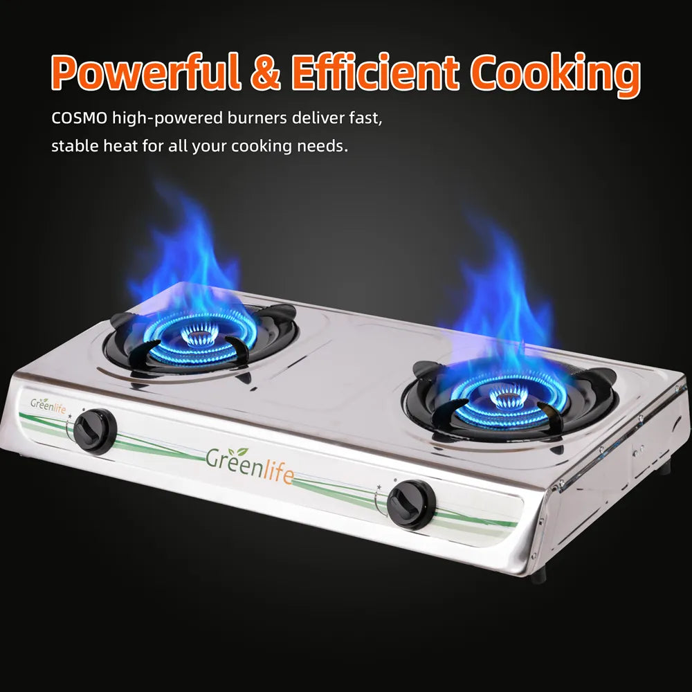 Greenlife Stainless Steel Double Burner Cosmo high-power Burner Electronic gas cooker auto ignition Durable gas stove