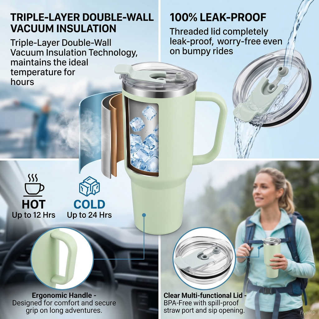 40oz (1200ml) Insulated Stainless Steel Tumbler with Handle – Leak-Proof, Triple-Wall Vacuum Travel Mug for Hot & Cold Drinks, Car Cup Holder Friendly, Sweat-Proof, BPA-Free