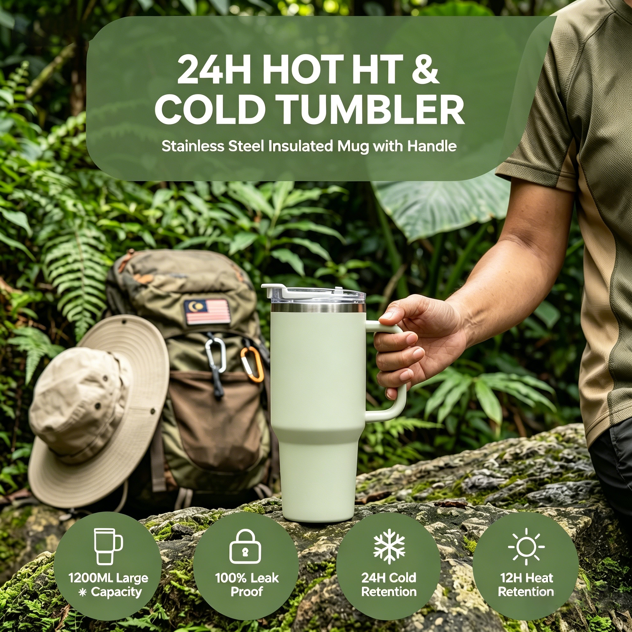 40oz (1200ml) Insulated Stainless Steel Tumbler with Handle – Leak-Proof, Triple-Wall Vacuum Travel Mug for Hot & Cold Drinks, Car Cup Holder Friendly, Sweat-Proof, BPA-Free