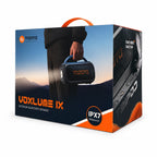 Tozota Voxlume IX outdoor Bluetooth speaker in its retail packaging, featuring a dark blue and orange color scheme with a depiction of a person carrying the speaker.