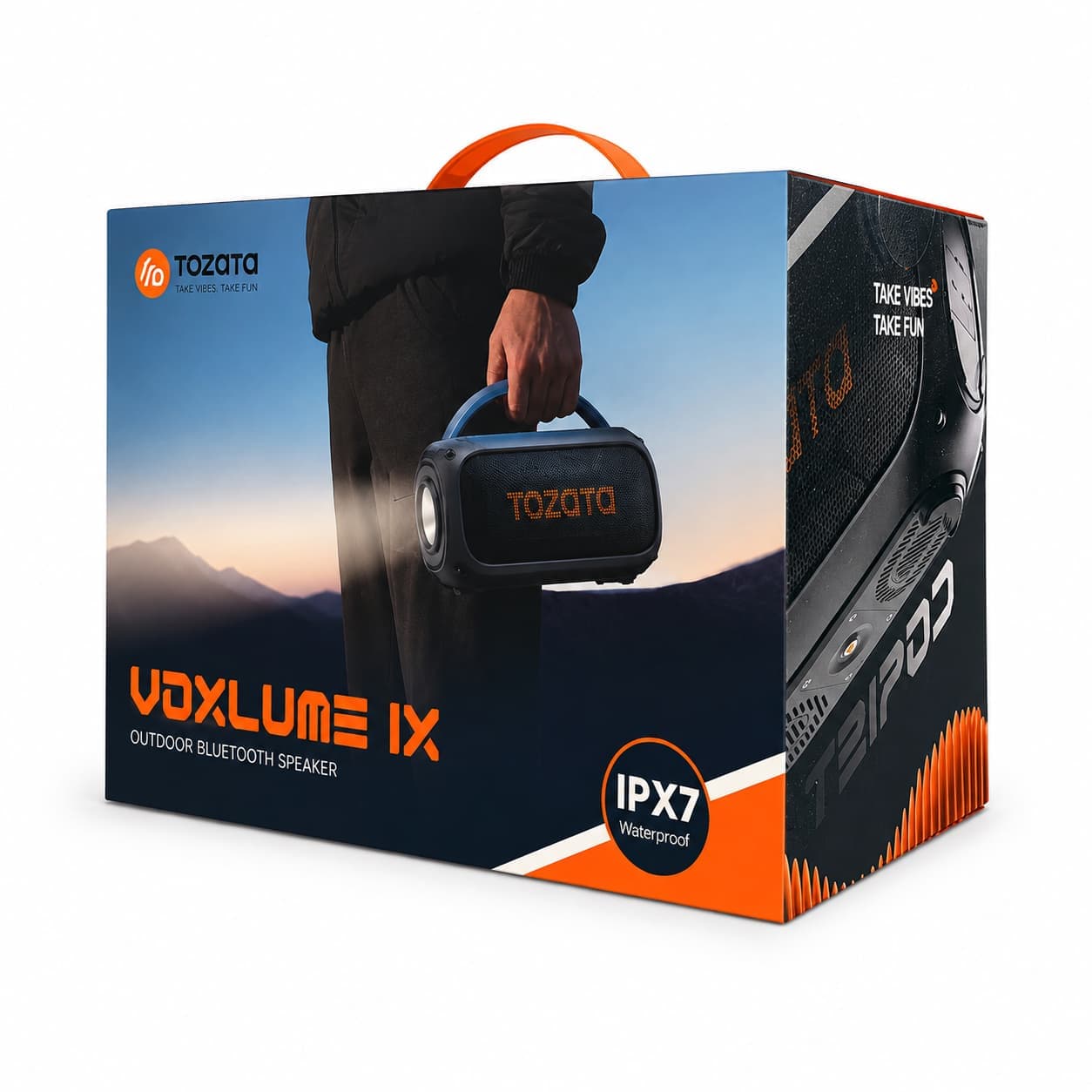 Tozota Voxlume IX outdoor Bluetooth speaker in its retail packaging, featuring a dark blue and orange color scheme with a depiction of a person carrying the speaker.