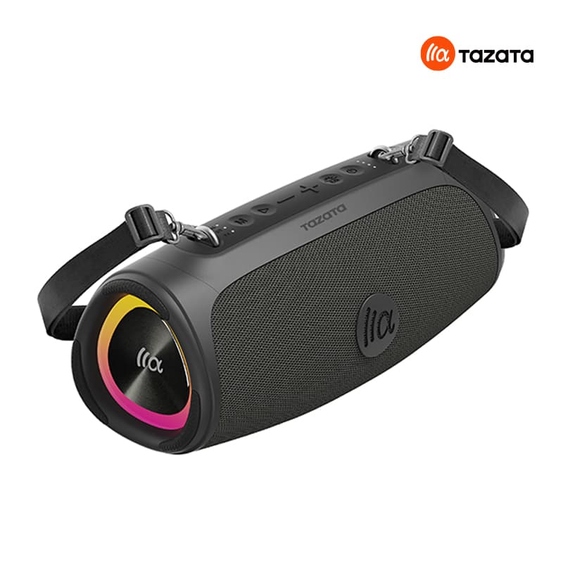 Black portable speaker with colorful lighting on a white background, featuring the Tazata brand.