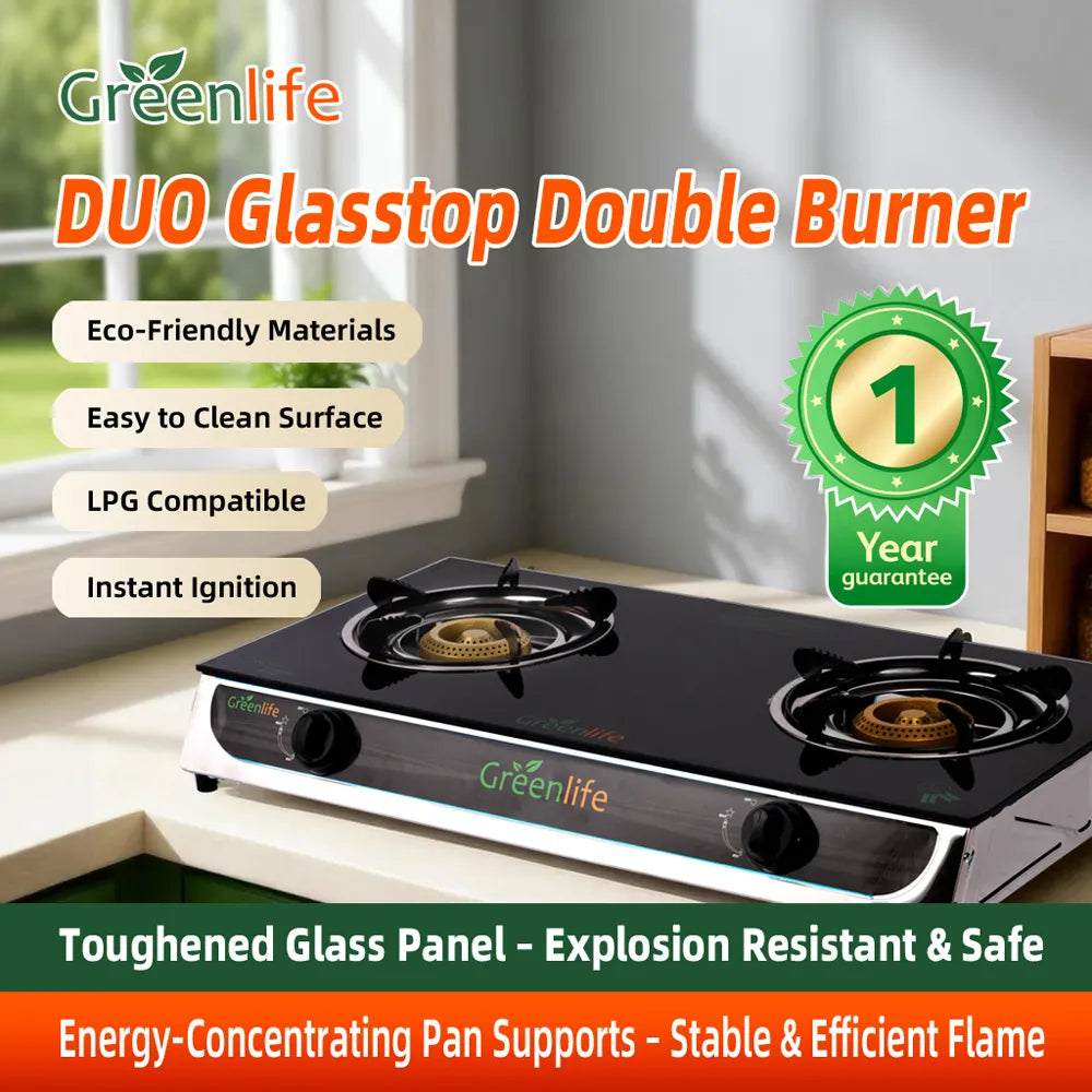 Greenlife DUO Glasstop Double Burner Safe Gas Cooker Efficient stove Easy Cooking Instant Ignition Explosion Resistant