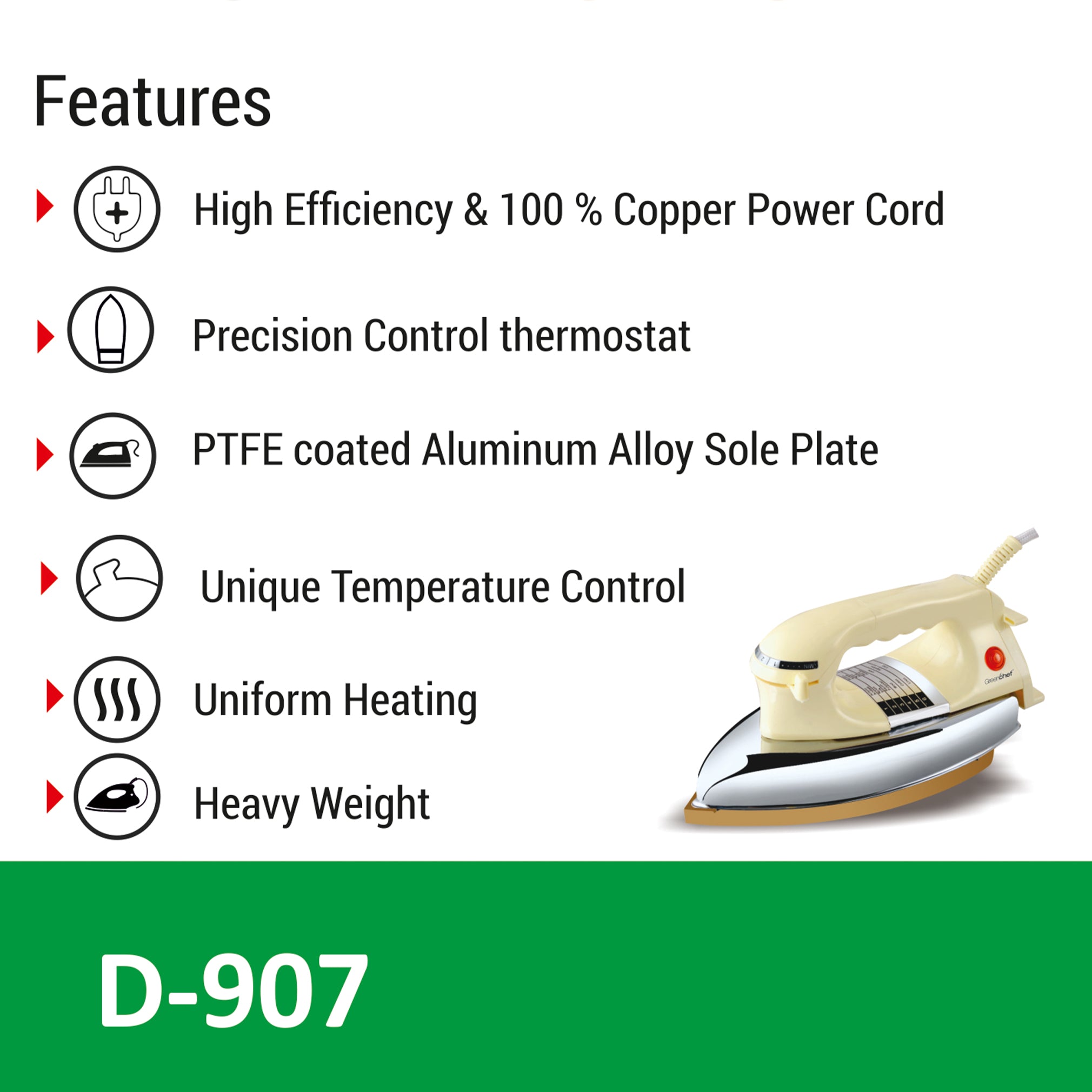 Greenchef D-907 Heavy Dry Iron - 1000W Quick Heating with PTFE Coated Aluminum Soleplate