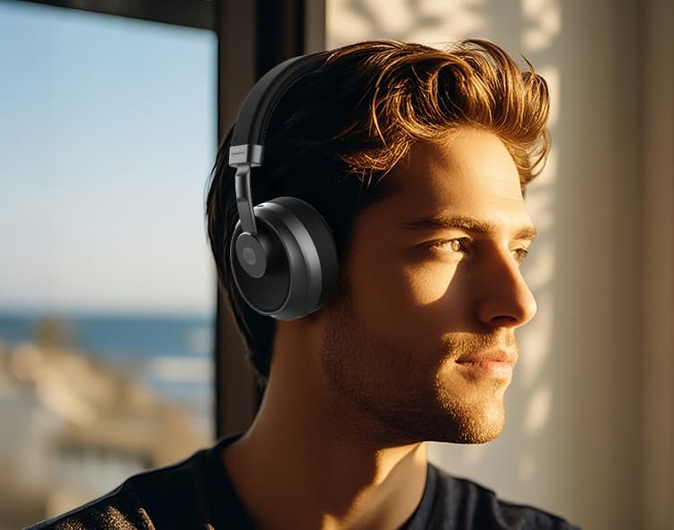 Man wearing headphones with a blurred beach scene in the background