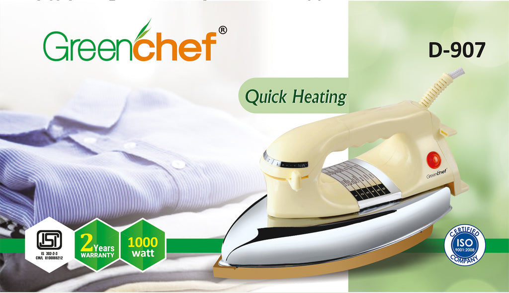 Greenchef D-907 Heavy Dry Iron - 1000W Quick Heating with PTFE Coated Aluminum Soleplate