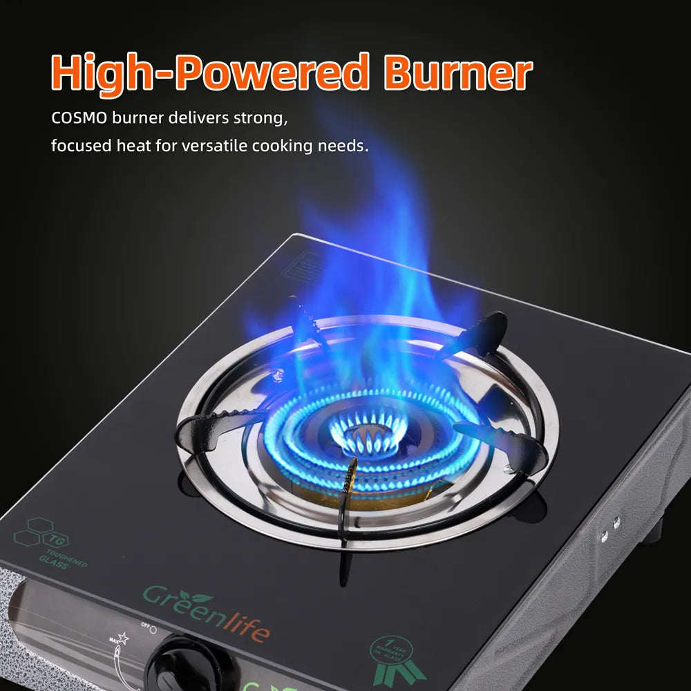 Greenlife UNIC Single Burner Glass Top Safe Gas Cooker Efficient stove Easy Cooking Instant Ignition High powered Cosmo Burner