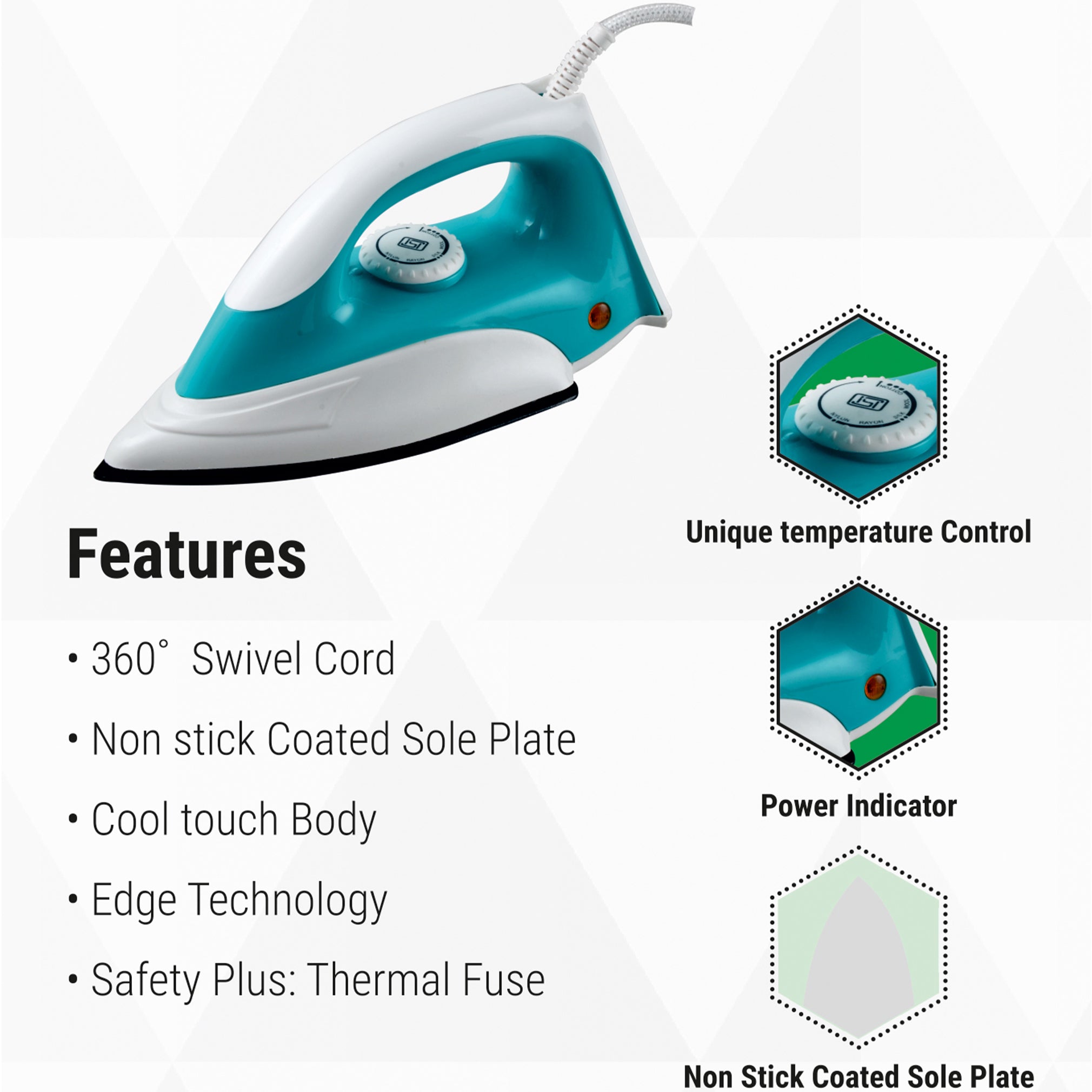 Greenchef D607 Dry Iron - 1000W Lightweight Electric Iron with Non-Stick Soleplate