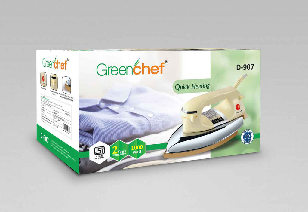 Greenchef D-907 Heavy Dry Iron - 1000W Quick Heating with PTFE Coated Aluminum Soleplate