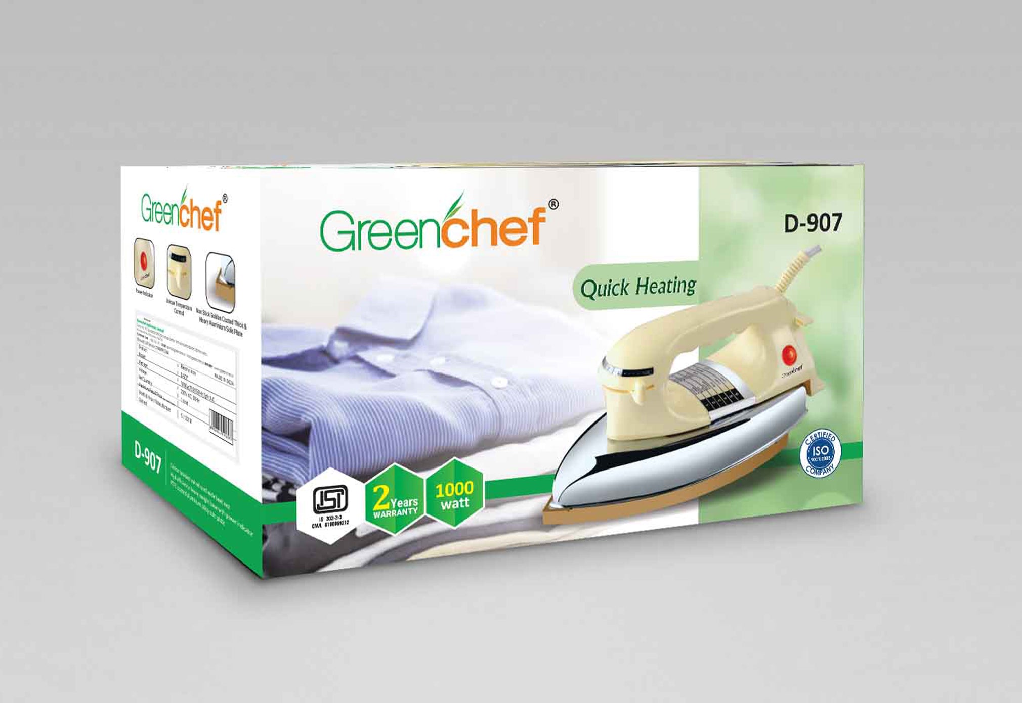 Greenchef D-907 Heavy Dry Iron - 1000W Quick Heating with PTFE Coated Aluminum Soleplate