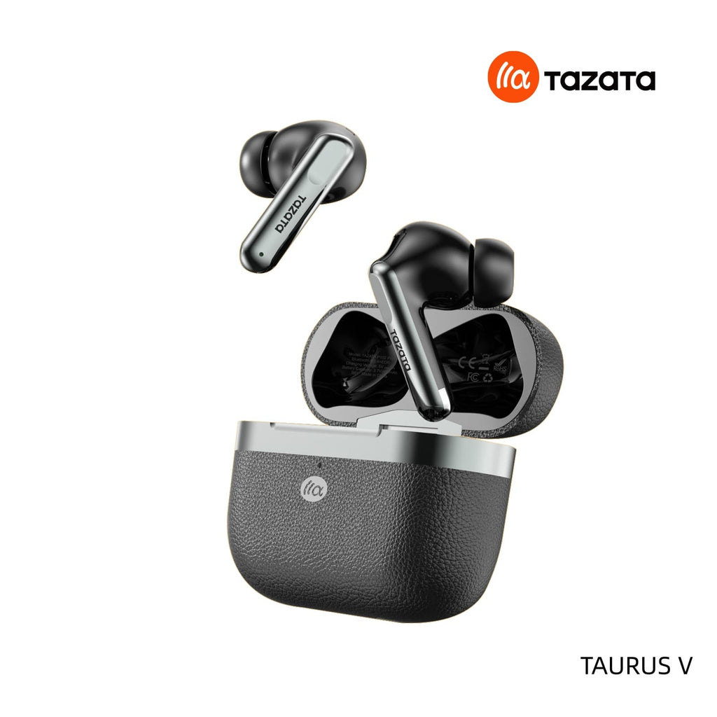 Black wireless earbuds with charging case on a white background, featuring the Tazata brand.