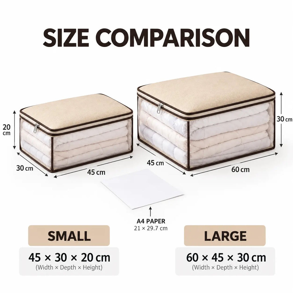 Clear window storage bag showing folded blankets and bedding inside