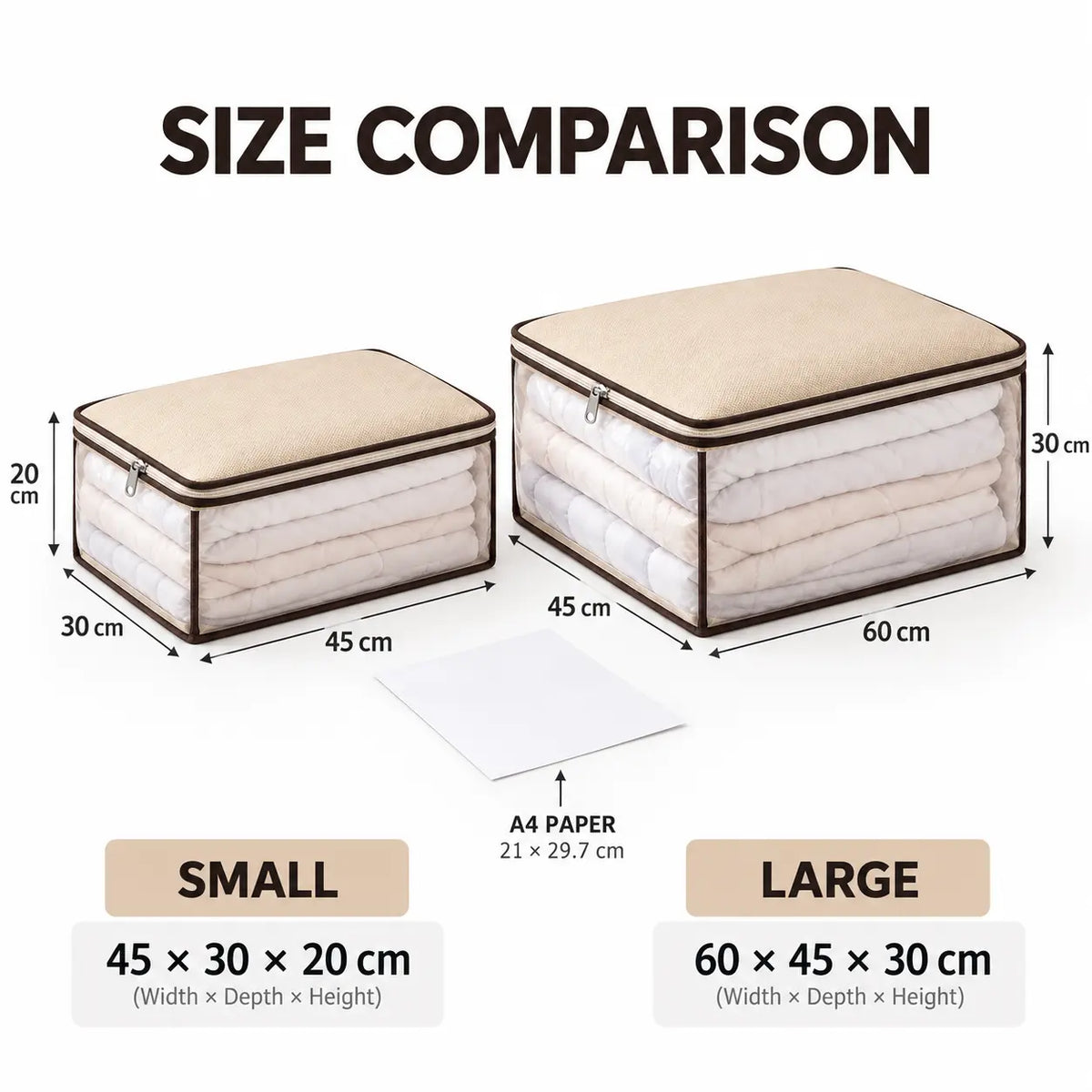 Clear window storage bag showing folded blankets and bedding inside