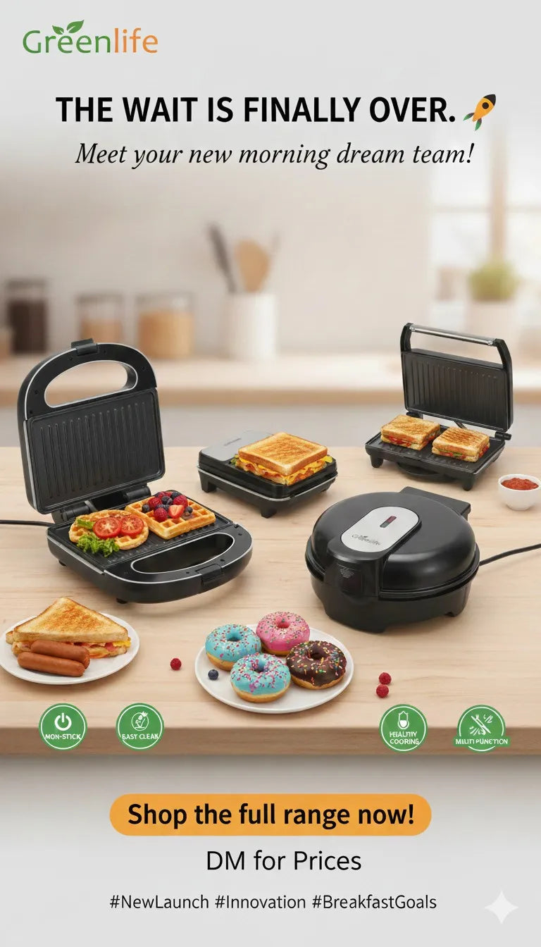 Greenlife 7 in 1 Sandwich Maker Quick and easy Stainless steel panel Non-Stick changeable plates Pre heat Multi function low fat