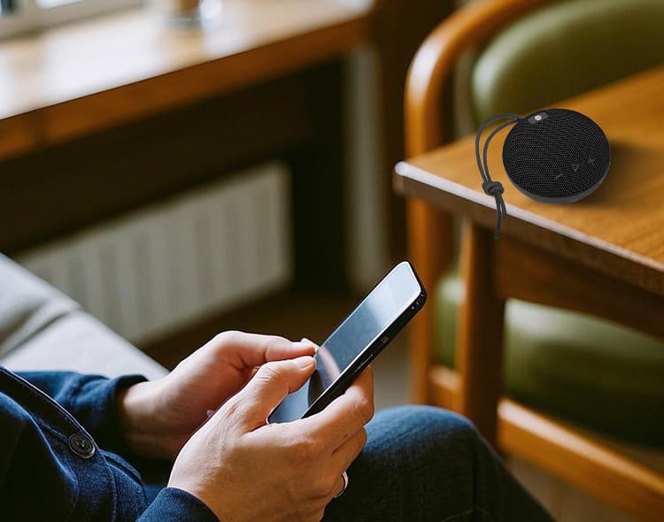Person using a smartphone with a black portable speaker on a wooden table in the background.
