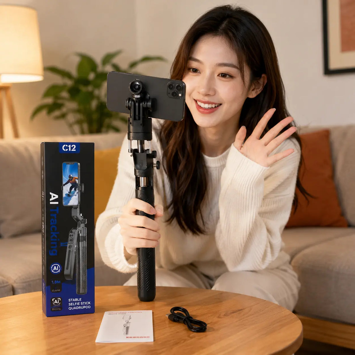 AI Face Tracking Selfie Stick Tripod with Magnetic Phone Holder, Bluetooth Remote & 1.7M Extendable Floor Stand