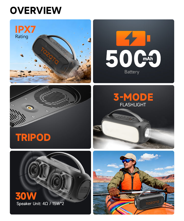 tazata VOXLUME IX-Portble IPX7 Waterproof rated Wireless Bluetooth Speaker with LED Panel Lumens with Torch lighting