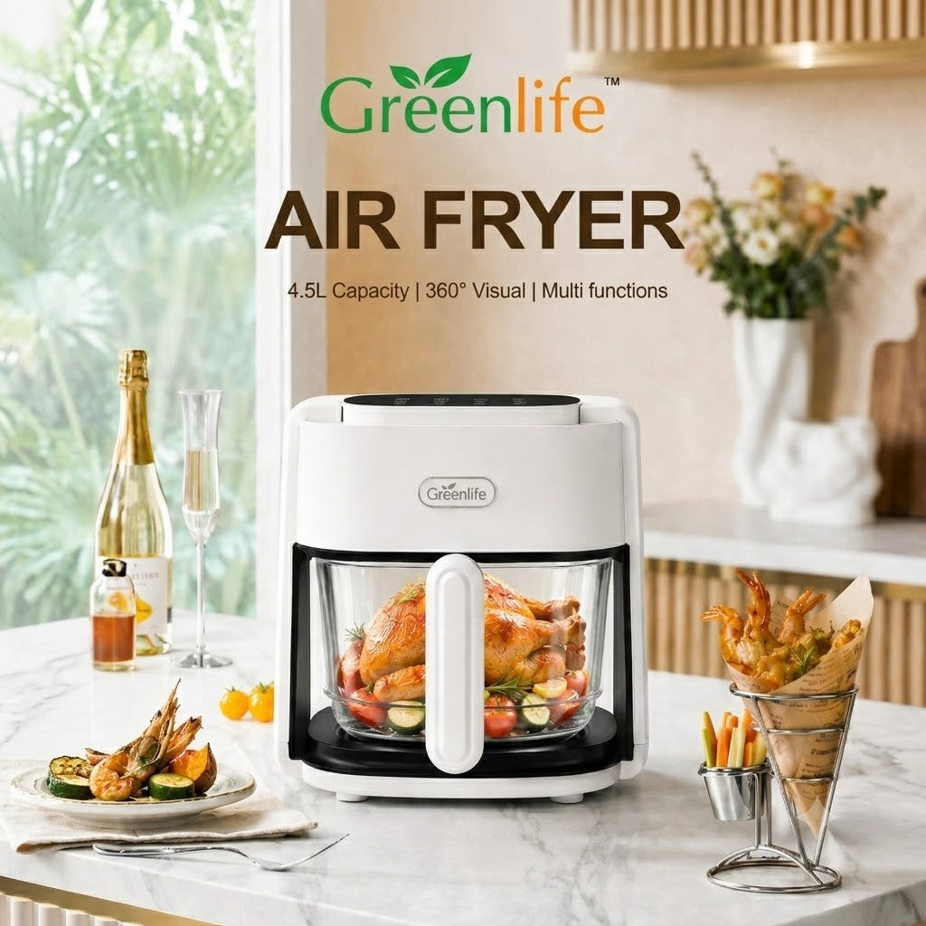 Greenlife 4.5L Smart Touch Multi-Function Air Fryer with Glass Pot Oil Free Cooking, High-Speed & Time-Saving