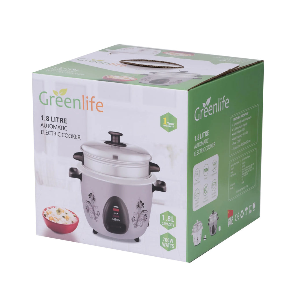 Greenlife 1.8L Automatic Electric Rice Cooker | 700W Fast Cooking | Keep Warm | Large Capacity & Triple Safety System
