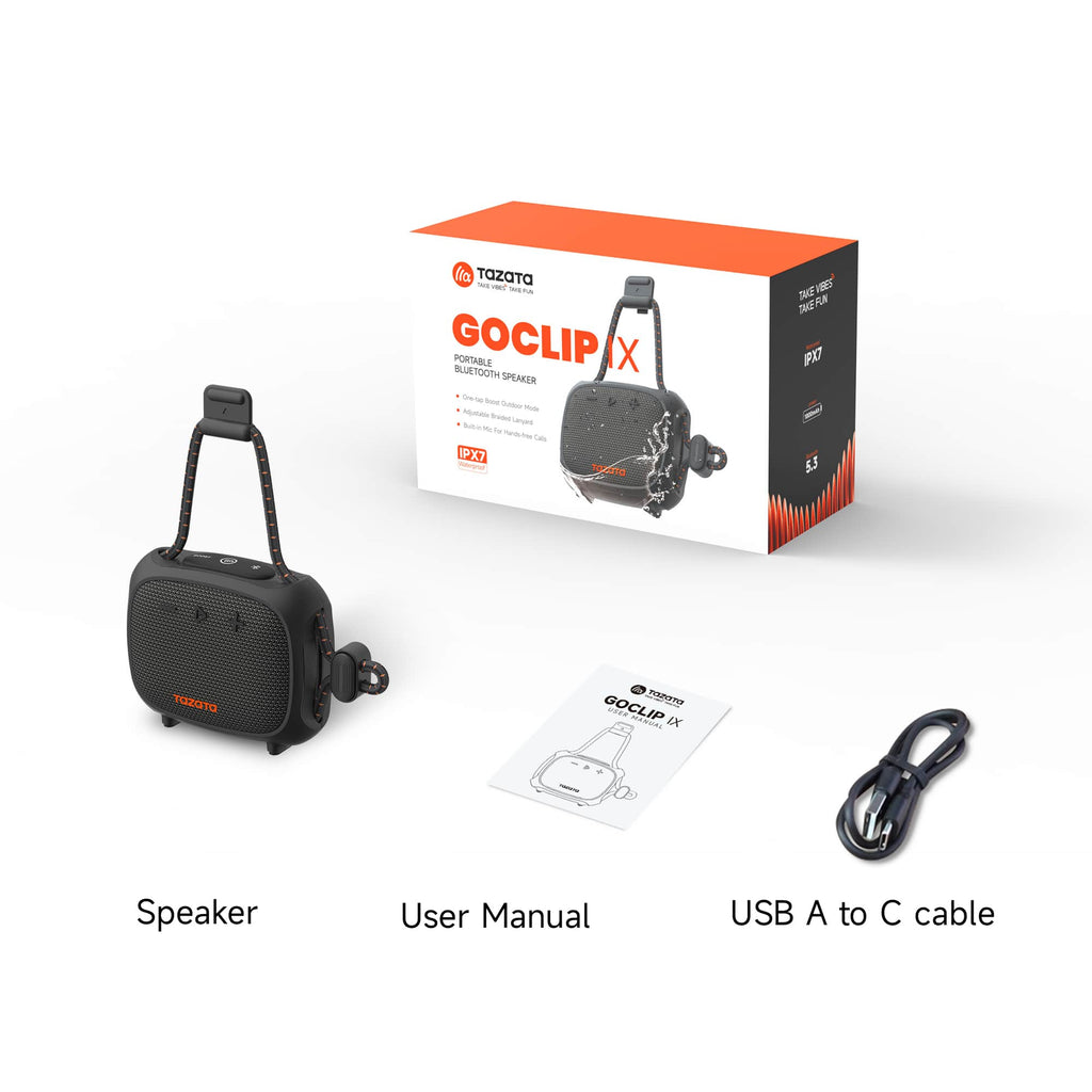 TAZATA GoClip IX portable Bluetooth speaker with packaging, user manual and USB-A to USB-C cable