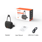 TAZATA GoClip IX portable Bluetooth speaker with packaging, user manual and USB-A to USB-C cable
