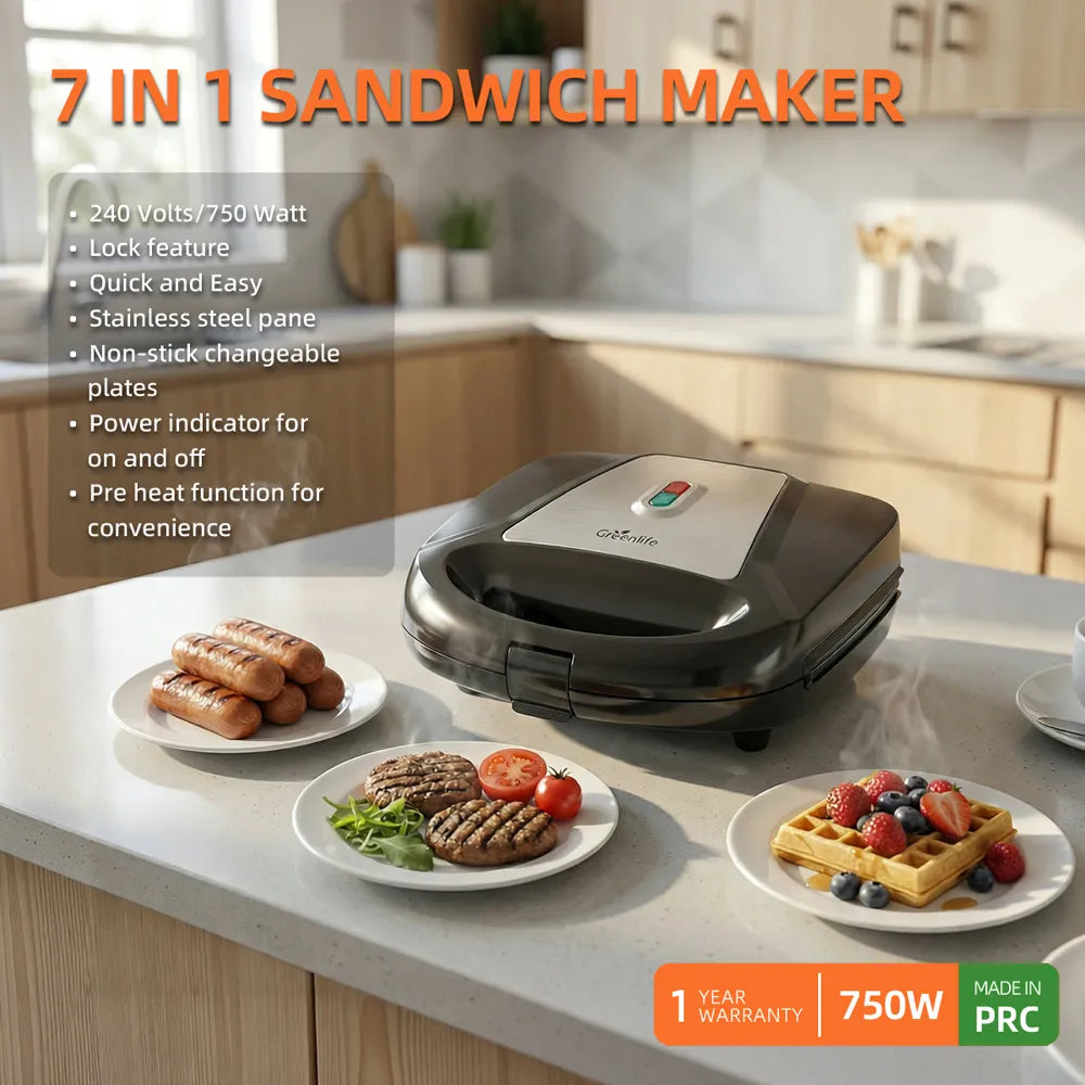 Greenlife 7 in 1 Sandwich Maker Quick and easy Stainless steel panel Non-Stick changeable plates Pre heat Multi function low fat