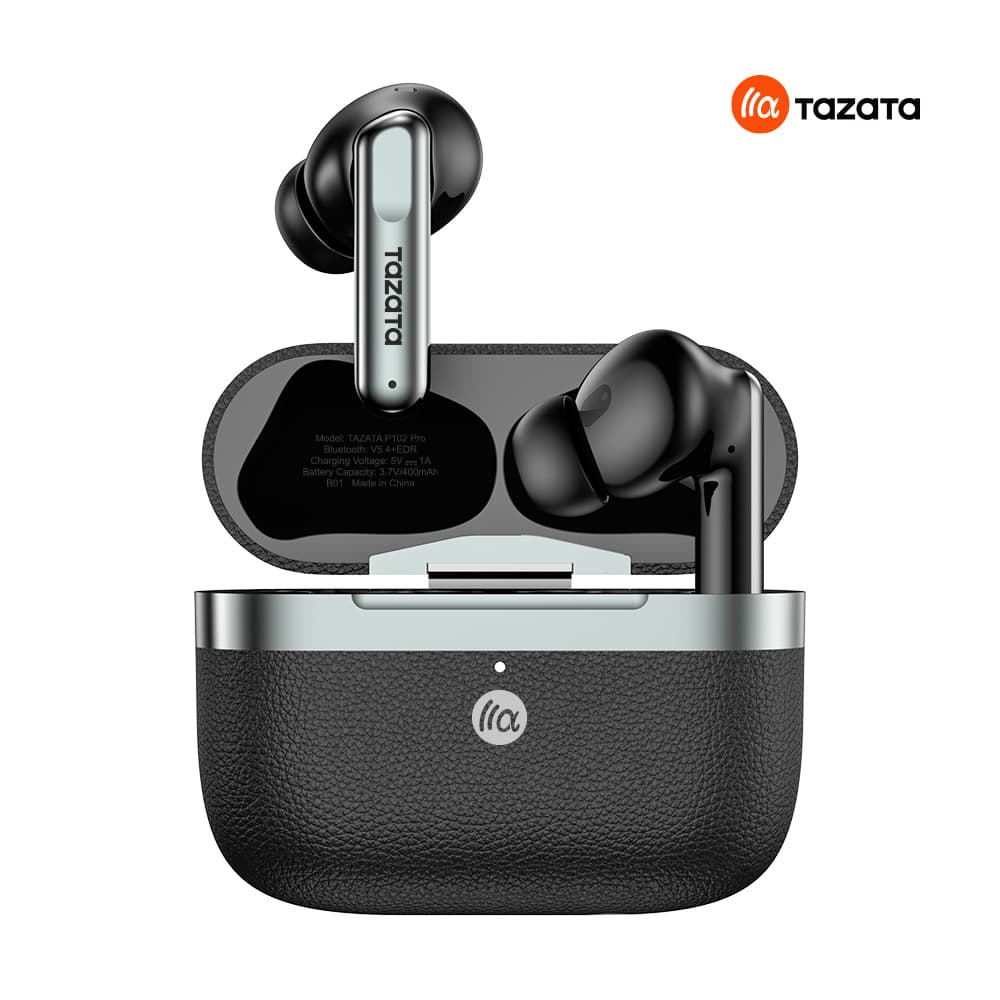 Black wireless earbuds with charging case on a white background, featuring the Tazata brand logo.