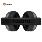 Black over-ear headphones with a padded headband and ear cushions, shown from the front on a white background with the TAZATA logo in the top left corner.