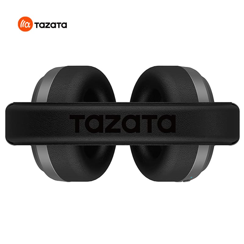 Black over-ear headphones with a padded headband and ear cushions, shown from the front on a white background with the TAZATA logo in the top left corner.