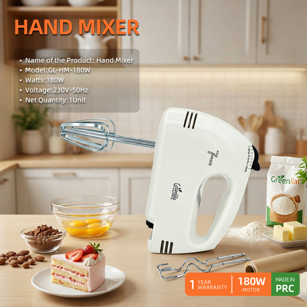 Greenlife180W Powerful Motor Hand Mixer 7-Speed Control Stainless Steel Beaters & Dough Hooks Multi-Function