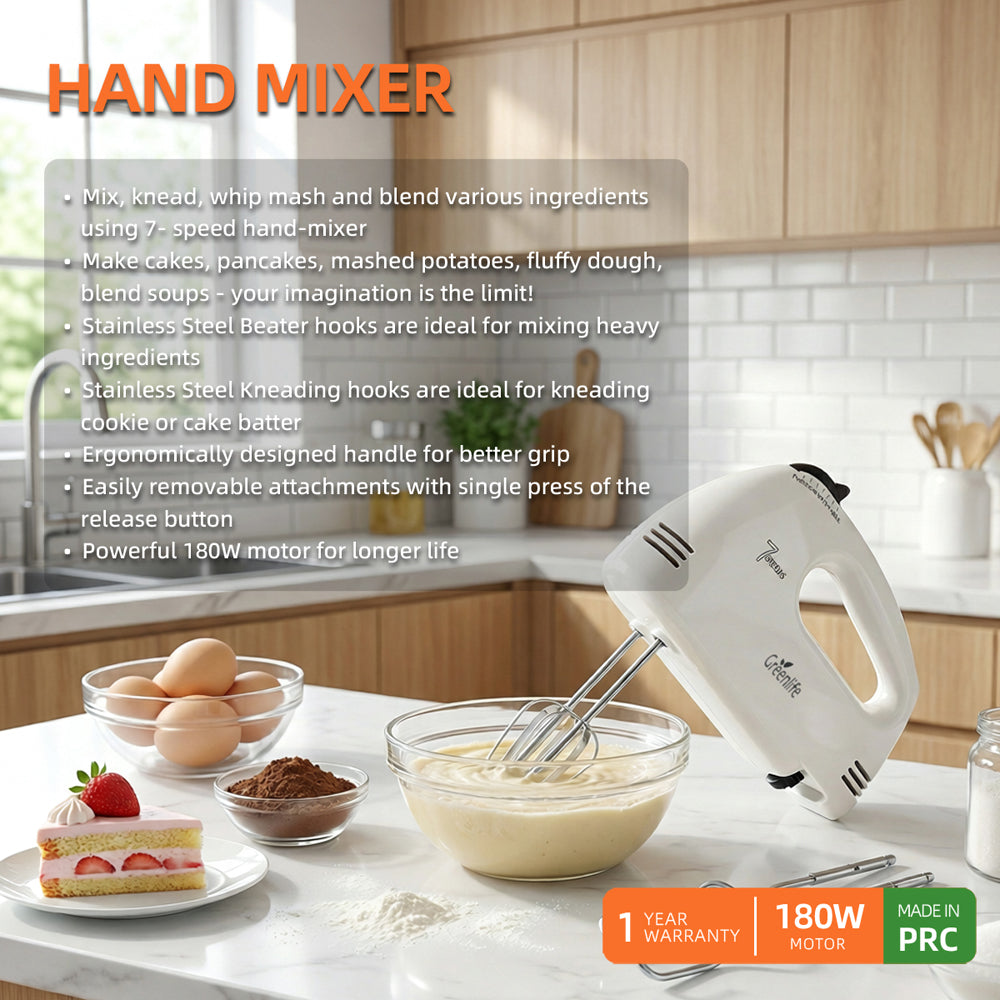 Greenlife180W Powerful Motor Hand Mixer 7-Speed Control Stainless Steel Beaters & Dough Hooks Multi-Function