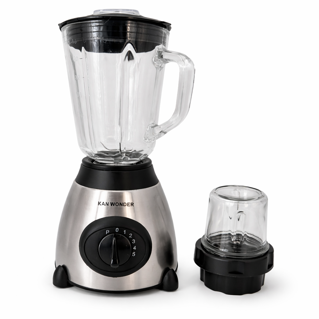 1.5L Multi-Functional Blender with 5 Adjustable Speeds, High-Power Motor, and Stainless Steel Base for Juicing, Ice Crushing, and More