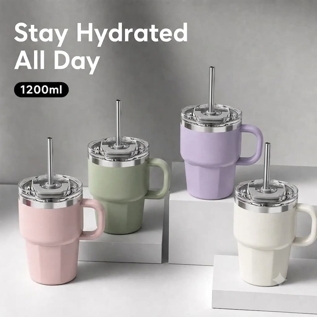 Solo Sip 360ml Stainless Steel Insulated Tumbler with Handle, stainless steel Straw - Dual Drinking Modes Hot & Cold Travel Mug