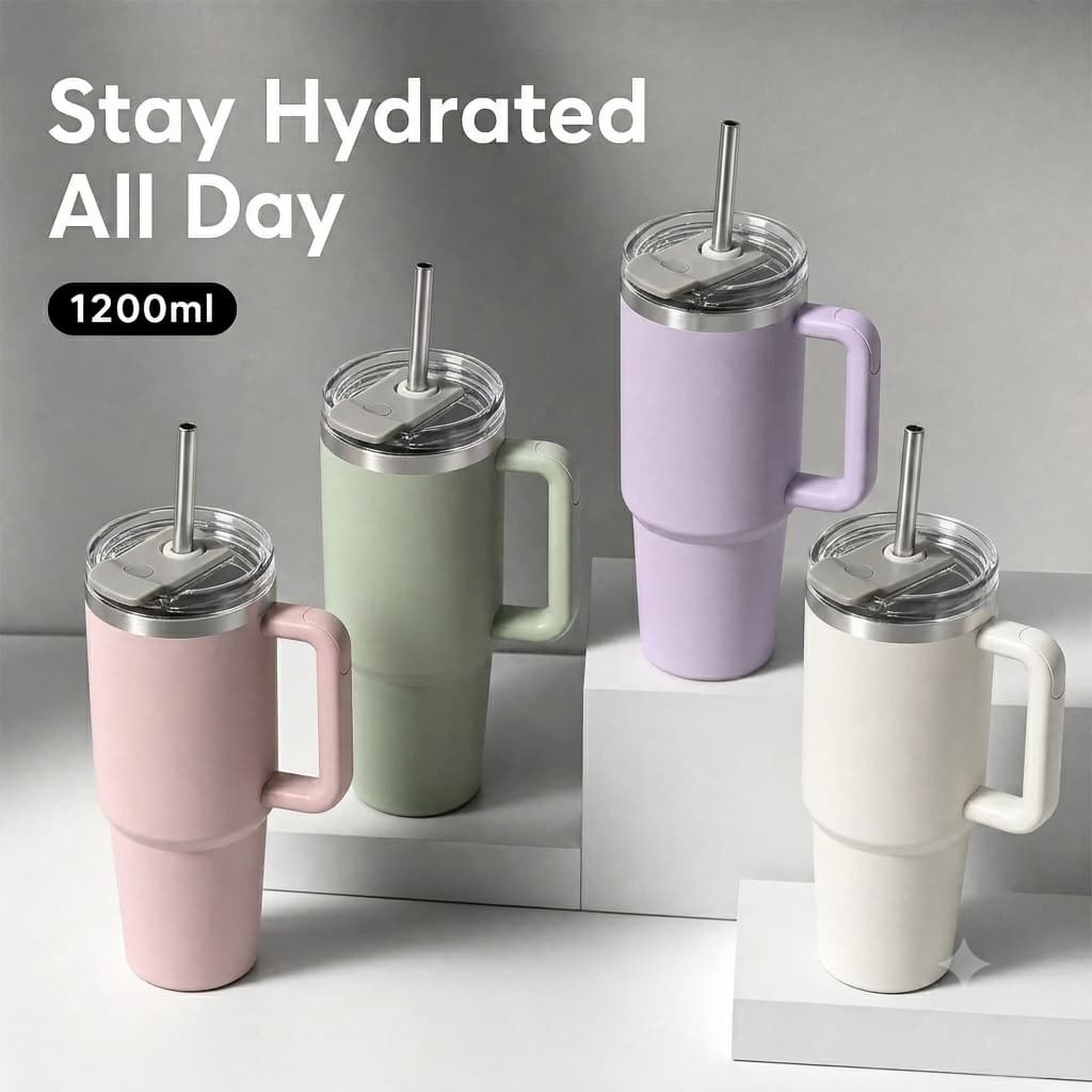 40oz (1200ml) Insulated Stainless Steel Tumbler with Handle & Straw | Leak-Proof Vacuum Travel Mug for Hot & Cold Drinks