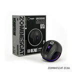 A black gaming mouse with purple accents shown next to its retail packaging box. The box is branded 'UNIVERSE' and 'ZOMBIESCAT' with 'B5' and 'CC RED STORM' visible.