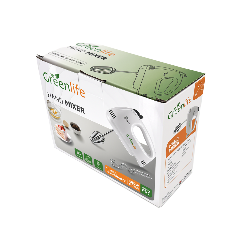 Greenlife180W Powerful Motor Hand Mixer 7-Speed Control Stainless Steel Beaters & Dough Hooks Multi-Function