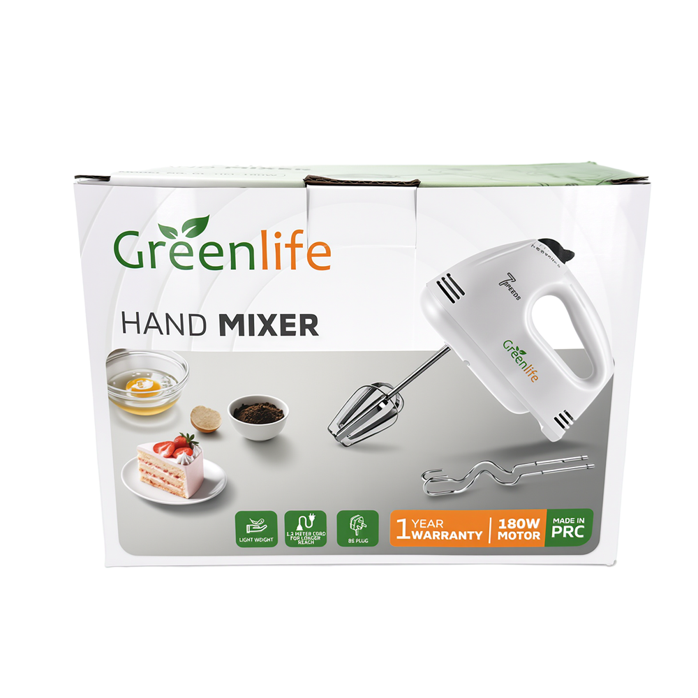 Greenlife180W Powerful Motor Hand Mixer 7-Speed Control Stainless Steel Beaters & Dough Hooks Multi-Function