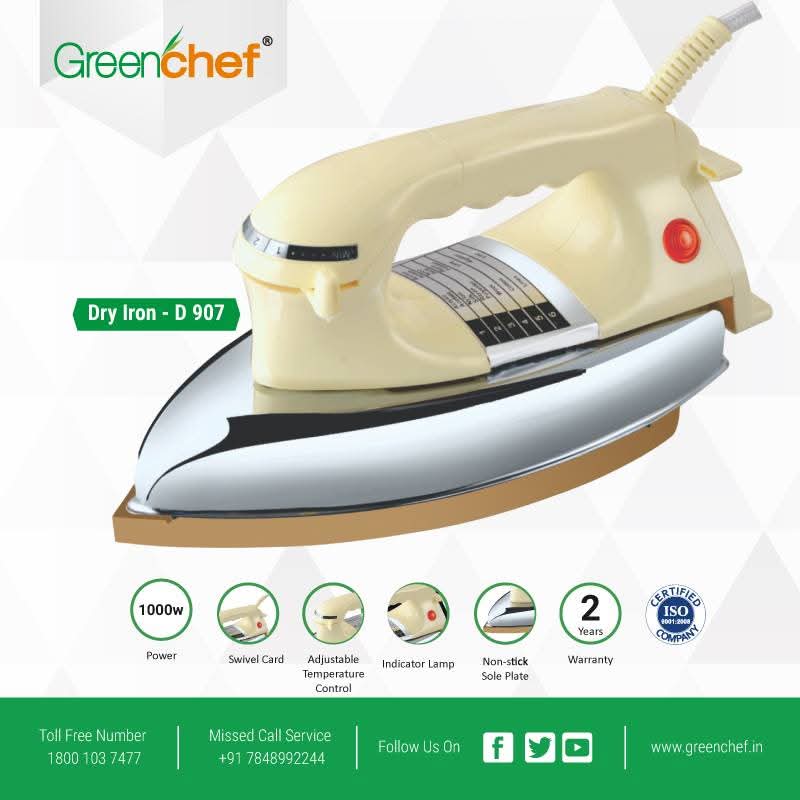 Greenchef D-907 Heavy Dry Iron - 1000W Quick Heating with PTFE Coated Aluminum Soleplate