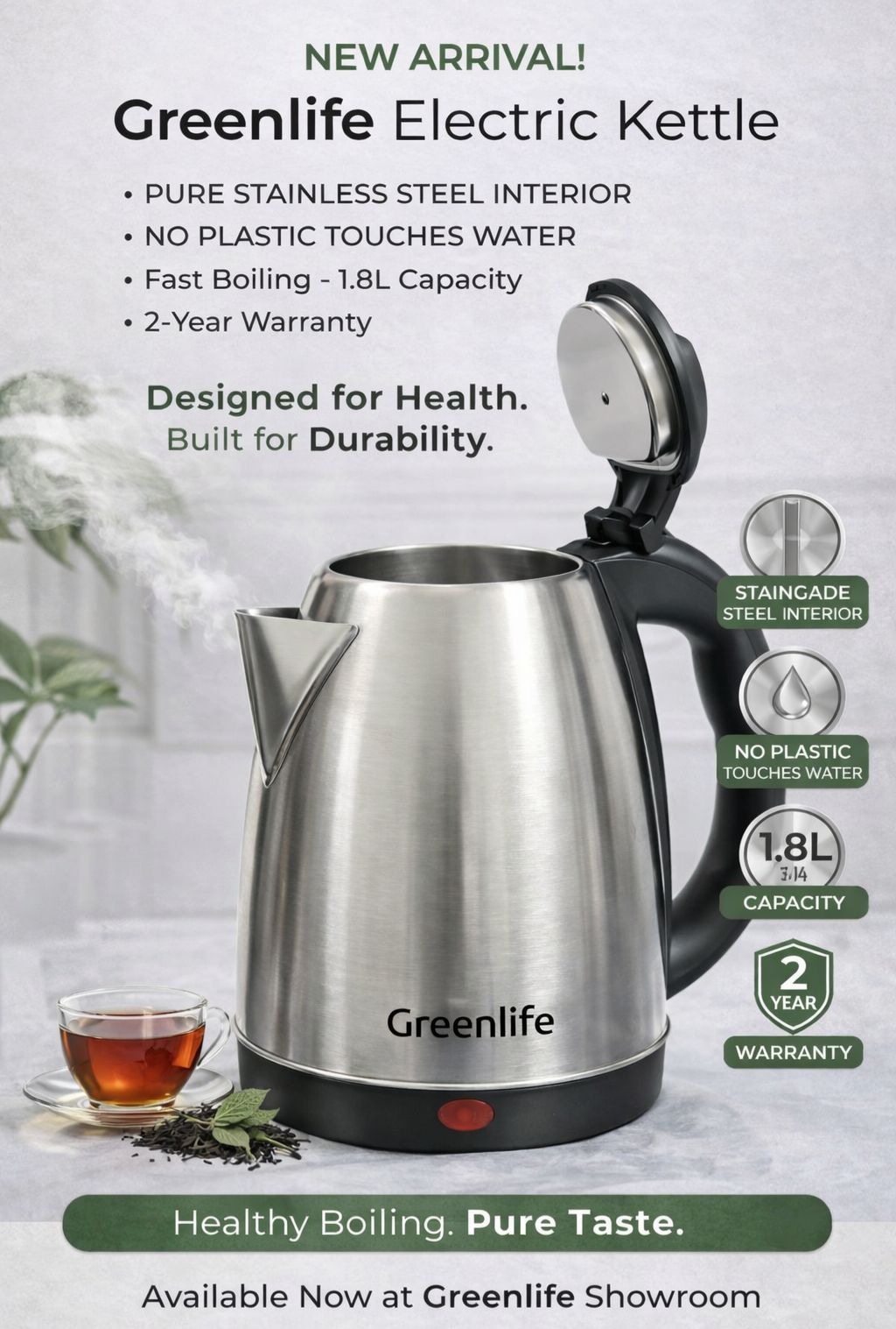 Greenlife 1.8L 1500W Stainless Steel Electric Kettle – Full Stainless Steel Interior & Inner Lid |