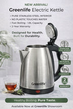 Greenlife 1.8L 1500W Stainless Steel Electric Kettle – Full Stainless Steel Interior & Inner Lid |