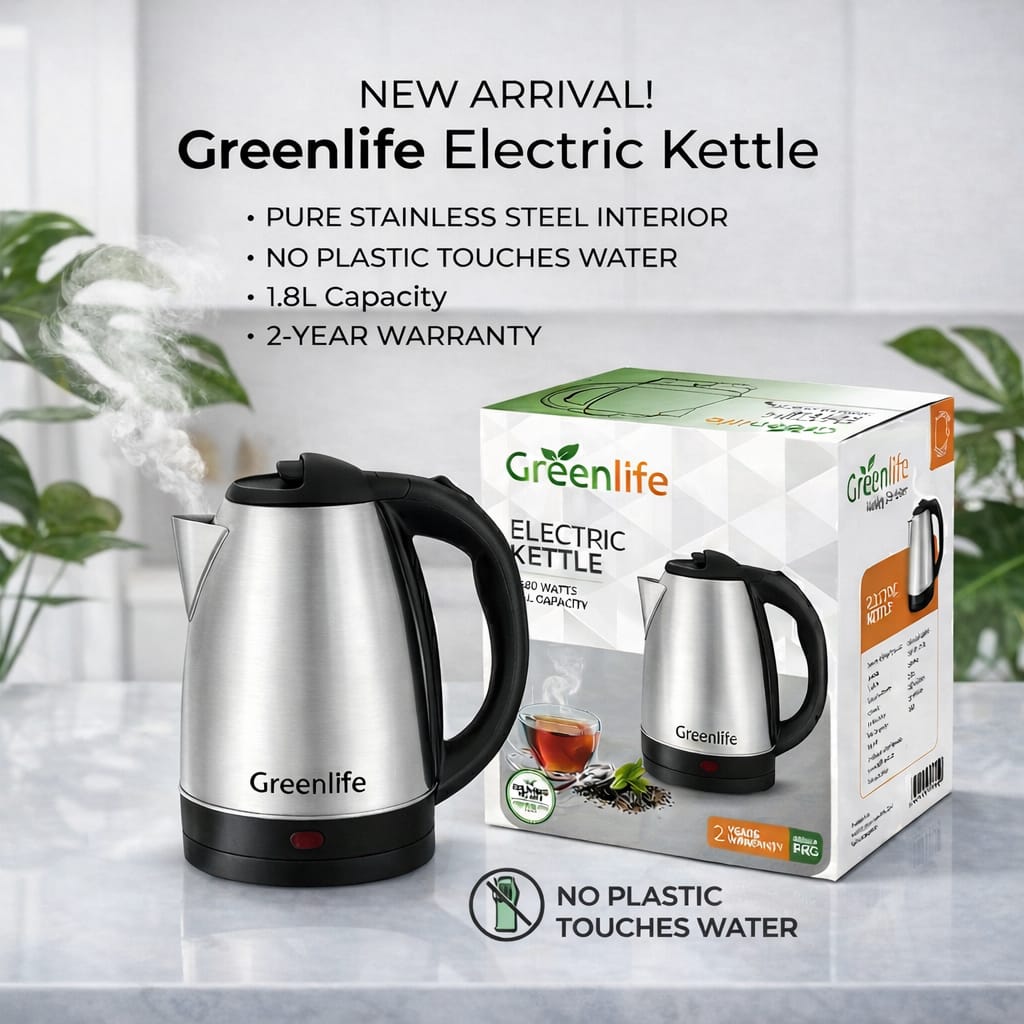 Greenlife 1.8L 1500W Stainless Steel Electric Kettle – Full Stainless Steel Interior & Inner Lid |