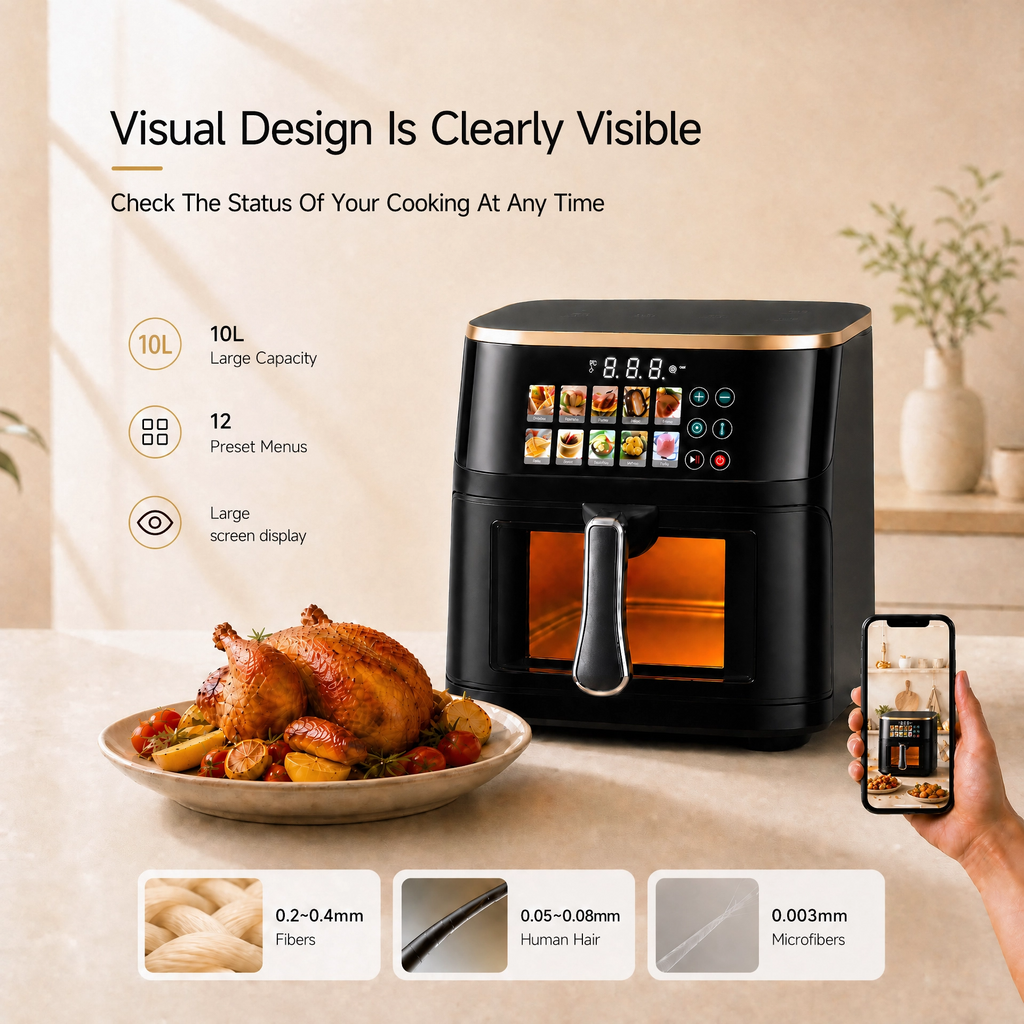 10L Large Capacity Visual Air Fryer with 12 Preset Menus & Touch Control