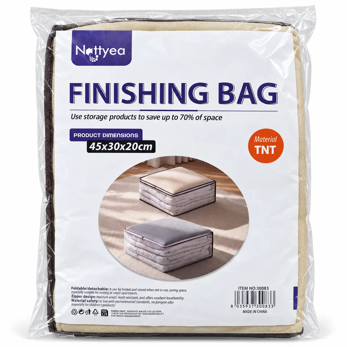 Small foldable blanket storage bag with zip lid in a wardrobe