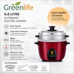 GreenLife 0.6L Mini Electric Rice Cooker – Automatic Cooking, Quick & Convenient, Perfect for Small Meals